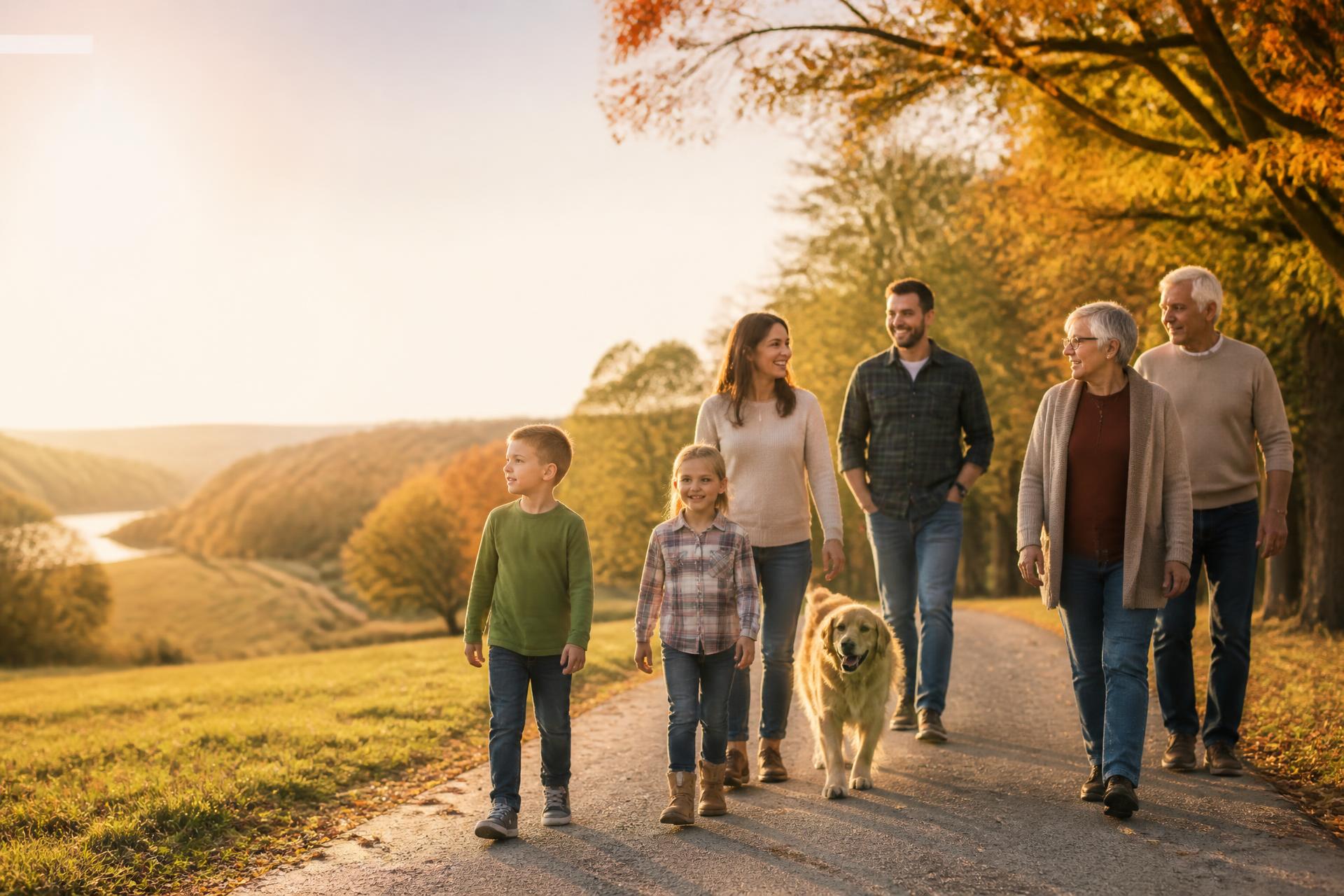 A family walking a tree-lined path in Northwest Tennessee on an early-fall evening